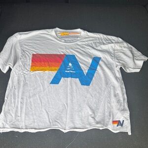 Aviator Nation White Tee with Blue AV and Sunset Stripe
